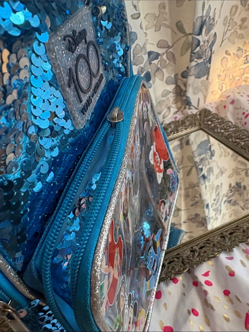 Disney Blue Sequin Kids Backpack with Classic Character Patch